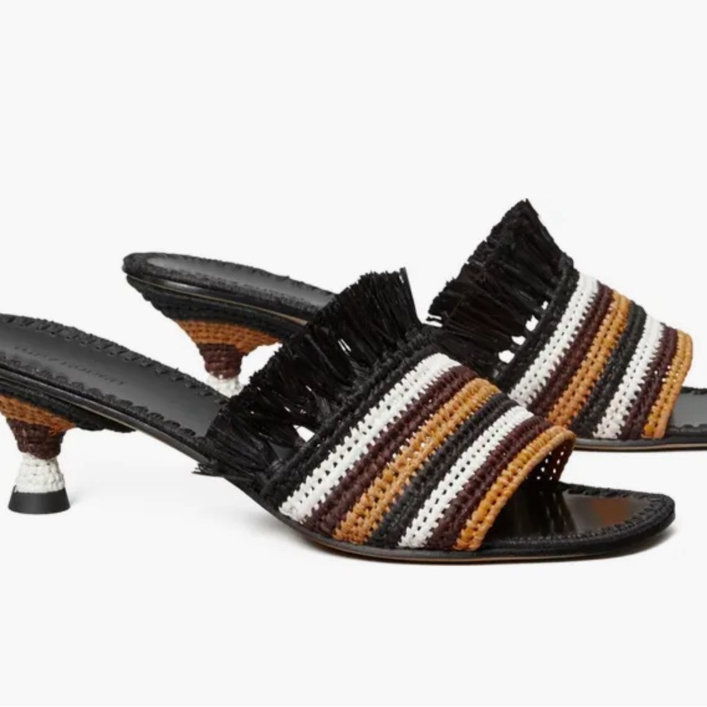 Tory Burch Eleanor Square Tie Braided Raffia Kitten Heel Sandal Sz 7
